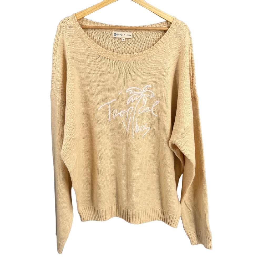 Beachly X Goldfish Kiss Sweater Cream Tropical Vibes Relaxed Oversized XL‎